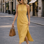 Mustard Yellow Lace Halter Midi Dress – Editorial Fashion