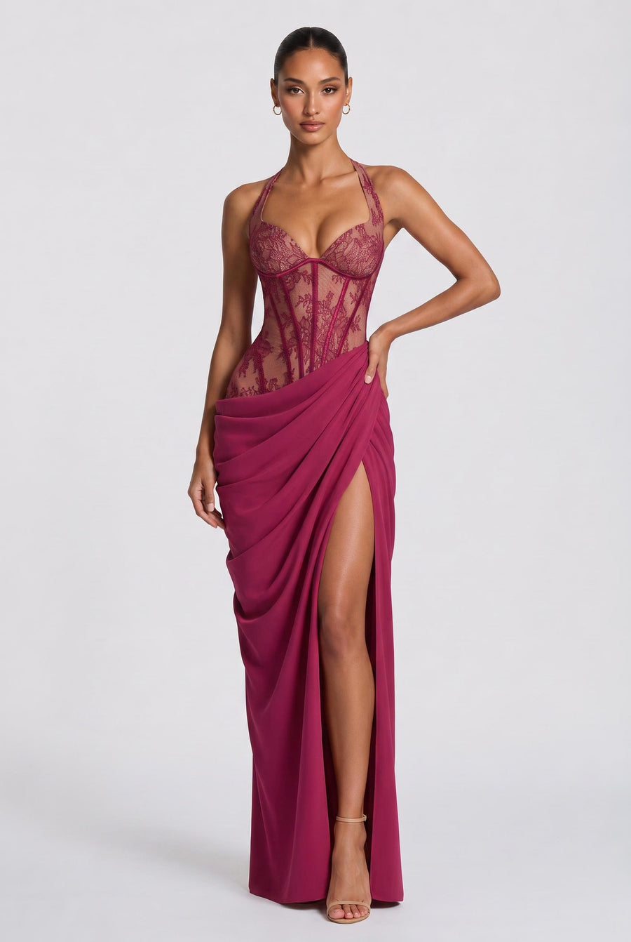 Nicole | Vestido comprido justo em renda e rede elástica