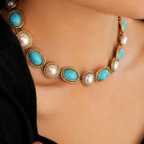 Conjunto Turquesa e Pérola Dourado Antigo