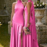 Ondina | Vestido de dama de honor cetim de acetato evasê pregas