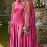 Ondina | Vestido de dama de honor cetim de acetato evasê pregas