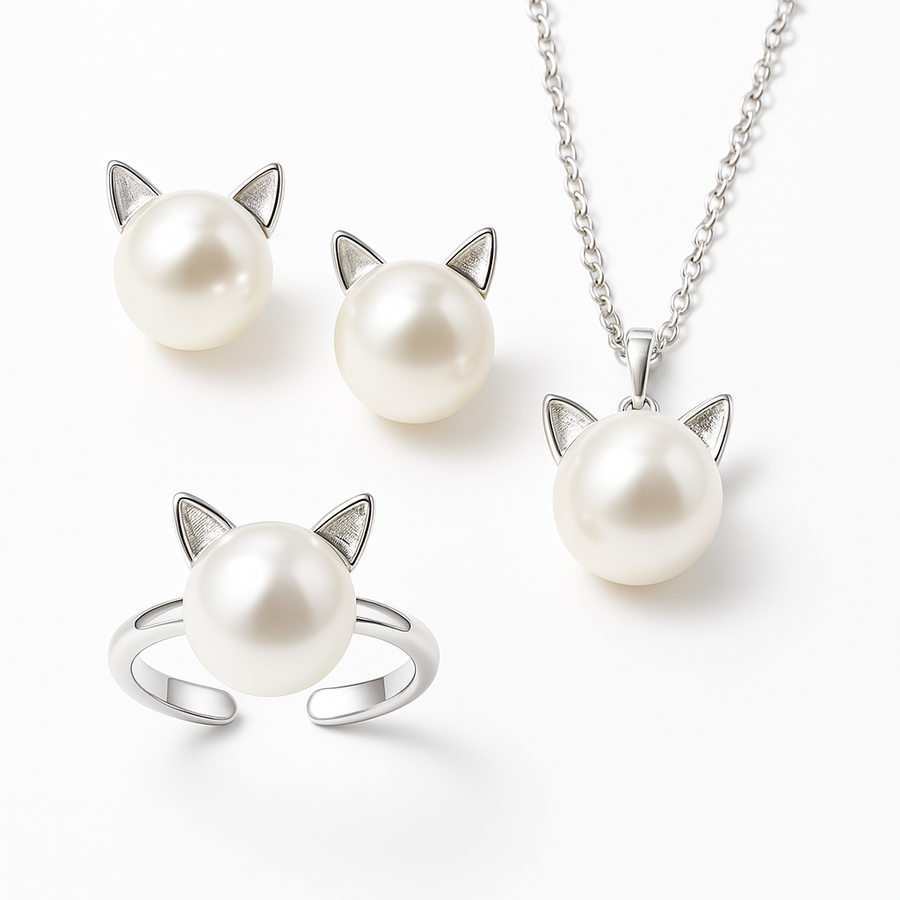 Magnifique collier chat avec perles et boucles d'oreilles + bague offertes