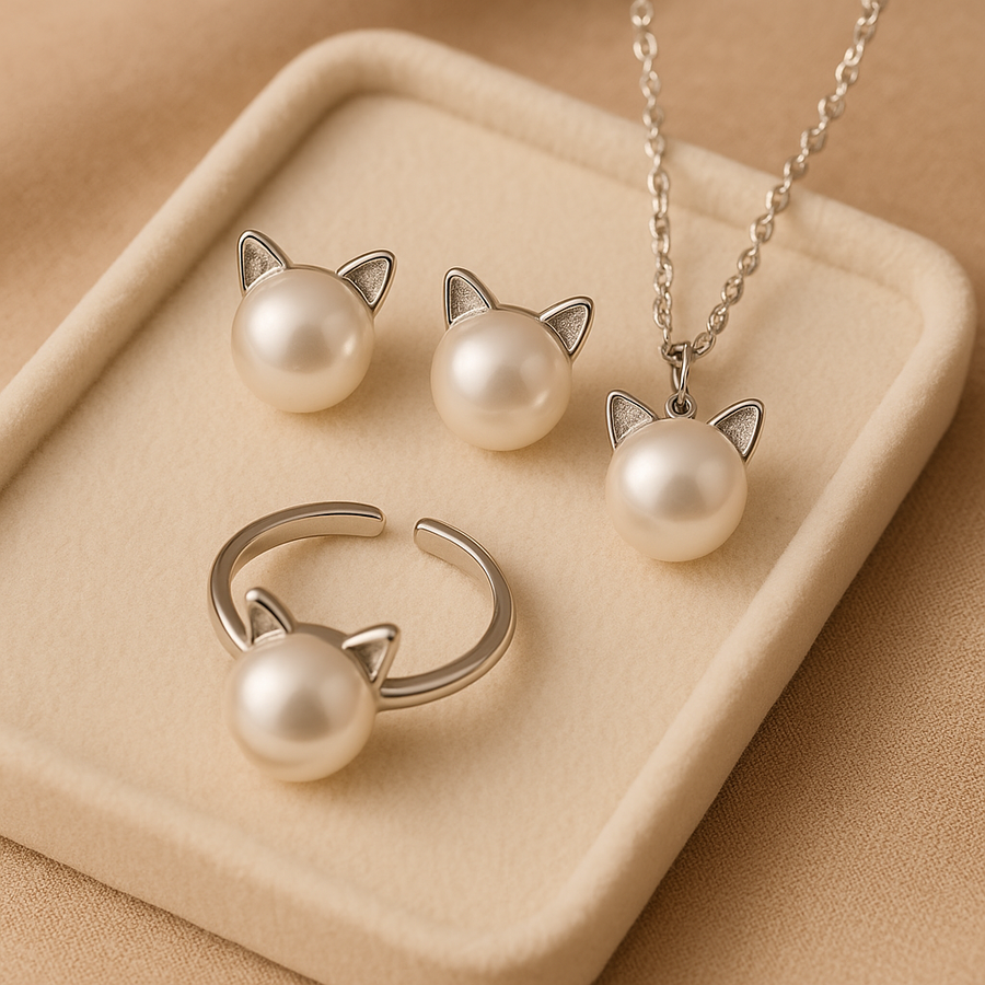 Magnifique collier chat avec perles et boucles d'oreilles + bague offertes