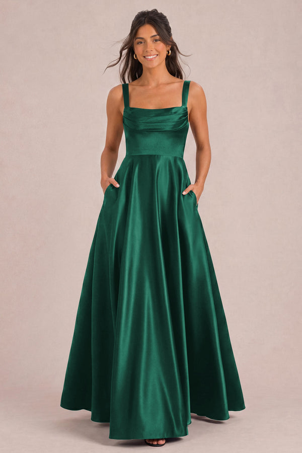 Pilar Verde Escuro | Vestido comprido evasê em cetim brilhante com bolsos