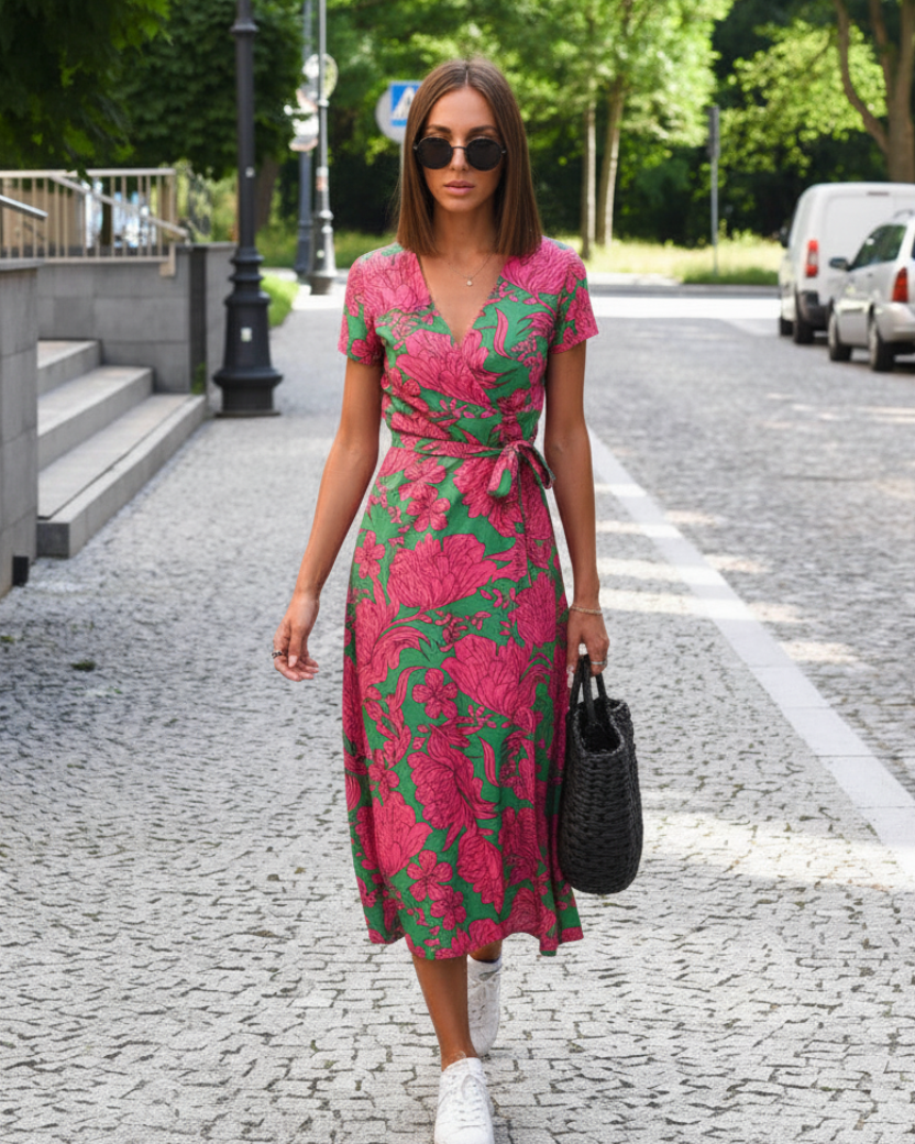 Pink Green Floral Wrap Dress – Back View