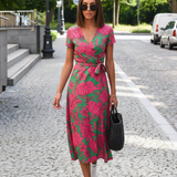 Pink Green Floral Wrap Dress – Back View
