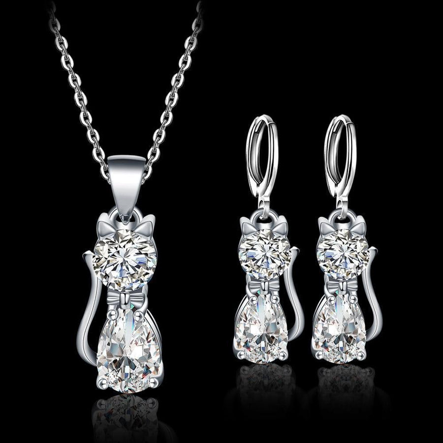 Conjunto Colar e Brincos Gatos Felizes em Prata de Lei