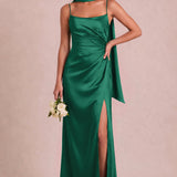 Rosália Verde Escuro | Vestido comprido em cetim mate com detalhe drapeado