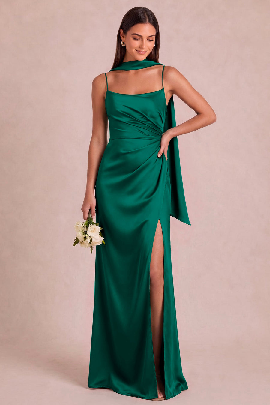 Rosália Esmeralda | Vestido comprido em cetim mate com detalhe drapeado
