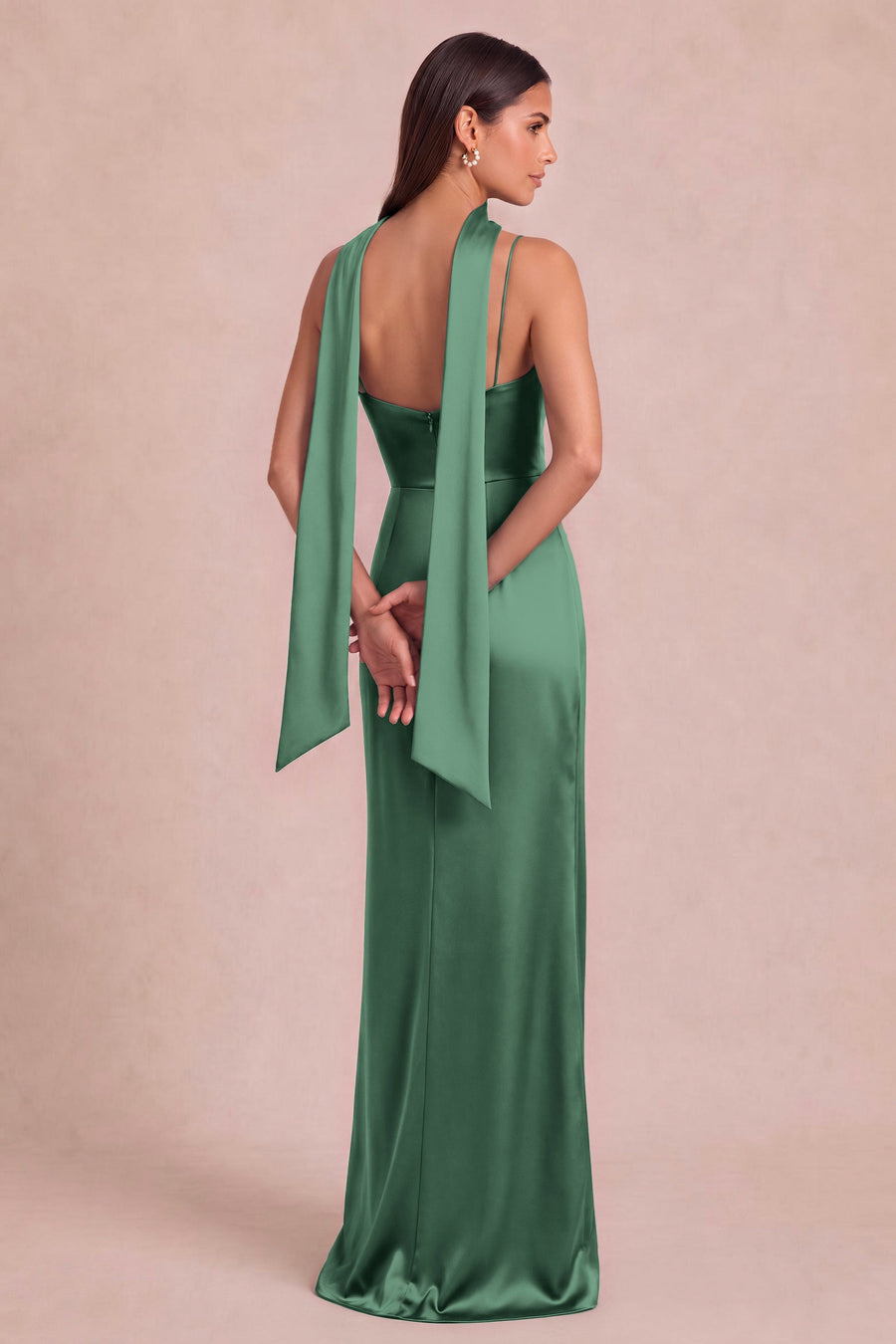 Rosália Verde Escuro | Vestido comprido em cetim mate com detalhe drapeado
