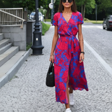 Red Blue Floral Wrap Dress – Front Walking