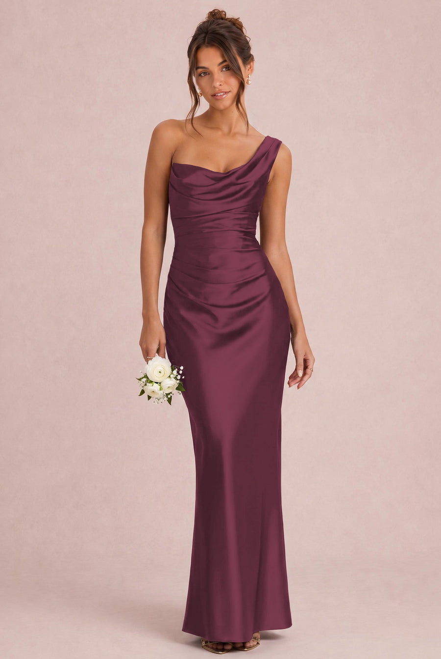Rita Cabernet | Vestido comprido tubinho em cetim elástico com franzidos