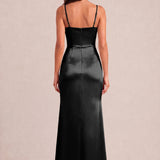 Rosalina Preto | Vestido comprido tubinho em cetim brilhante plissado