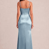 Rosalina Azul Pó | Vestido comprido tubinho em cetim brilhante plissado