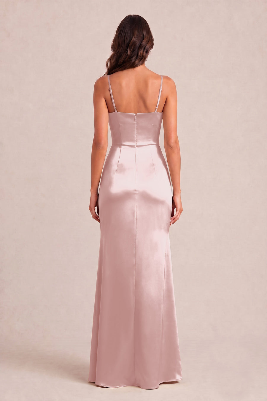 Rosalina Rosa Empoeirado | Vestido comprido tubinho em cetim brilhante plissado