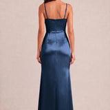 Rosalina Azul Marinho | Vestido comprido tubinho em cetim brilhante plissado
