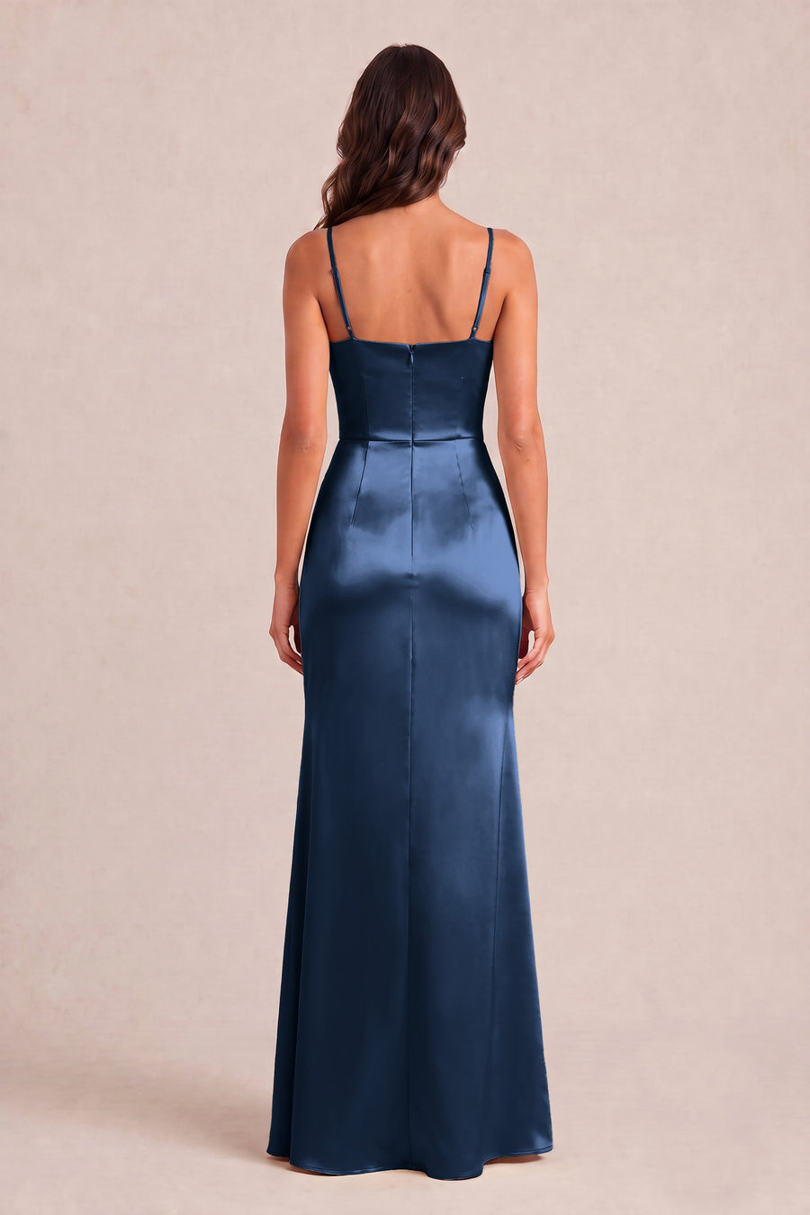 Rosalina Azul Marinho | Vestido comprido tubinho em cetim brilhante plissado