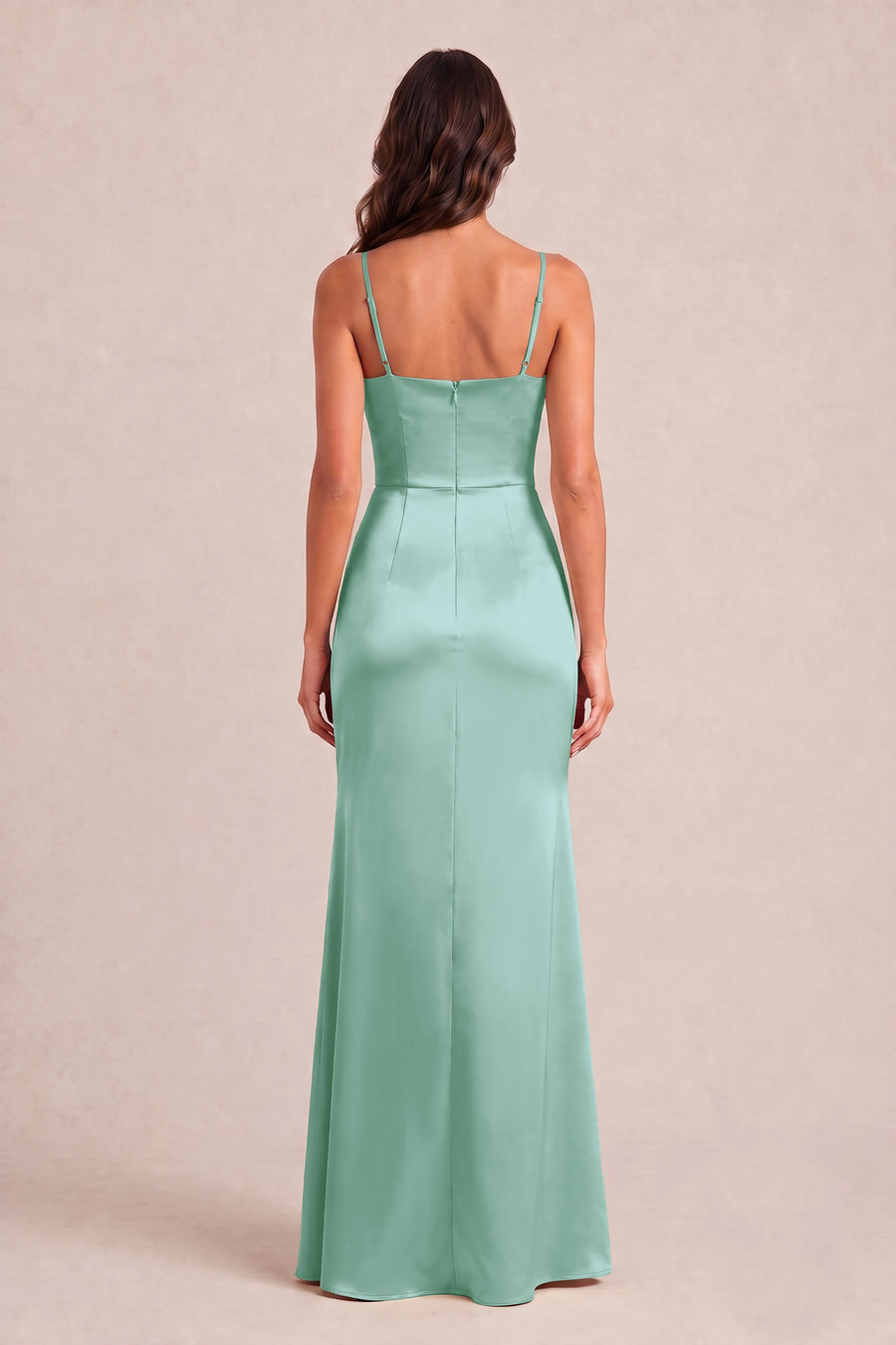Rosalina Verde Salva | Vestido comprido tubinho em cetim brilhante plissado