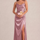 Rosalina Malva Vintage | Vestido comprido tubinho em cetim brilhante plissado