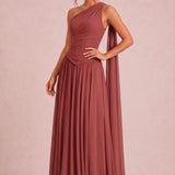 Rosana Castanho Acobreado | Vestido de dama de honor evasê em chiffon com detalhe drapeado