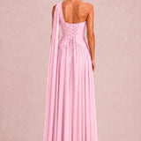 Rosana Rosa Amêndoa | Vestido de dama de honor evasê em chiffon com detalhe drapeado