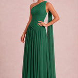 Rosana Verde Escuro | Vestido de dama de honor evasê em chiffon com detalhe drapeado