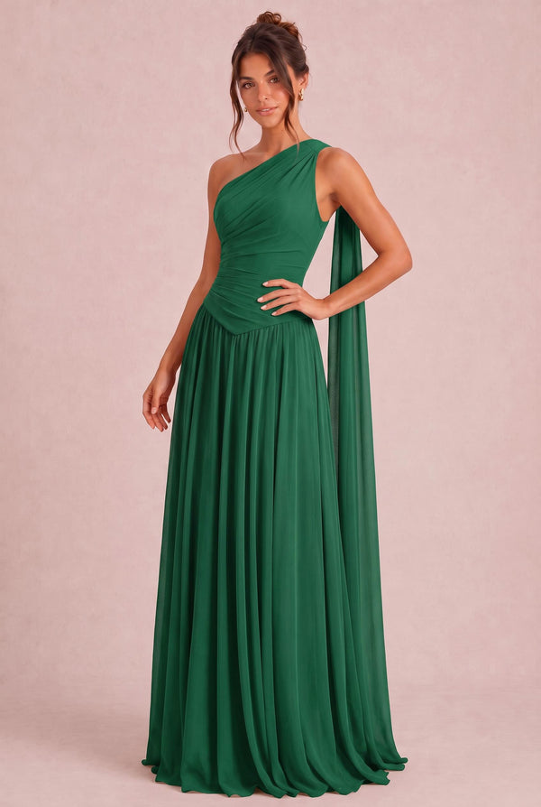 Rosana Verde Escuro | Vestido de dama de honor evasê em chiffon com detalhe drapeado