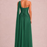 Rosana Verde Escuro | Vestido de dama de honor evasê em chiffon com detalhe drapeado