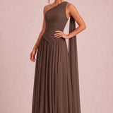 Rosana Café | Vestido de dama de honor evasê em chiffon com detalhe drapeado