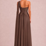 Rosana Café | Vestido de dama de honor evasê em chiffon com detalhe drapeado