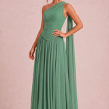 Rosana Eucalipto | Vestido de dama de honor evasê em chiffon com detalhe drapeado