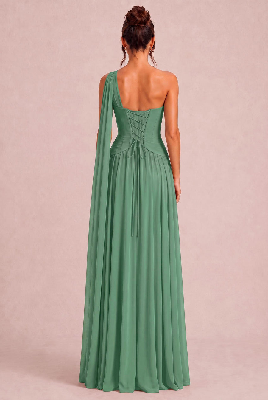 Rosana Eucalipto | Vestido de dama de honor evasê em chiffon com detalhe drapeado