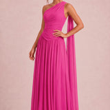 Rosana Fúcsia | Vestido de dama de honor evasê em chiffon com detalhe drapeado