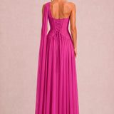 Rosana Fúcsia | Vestido de dama de honor evasê em chiffon com detalhe drapeado