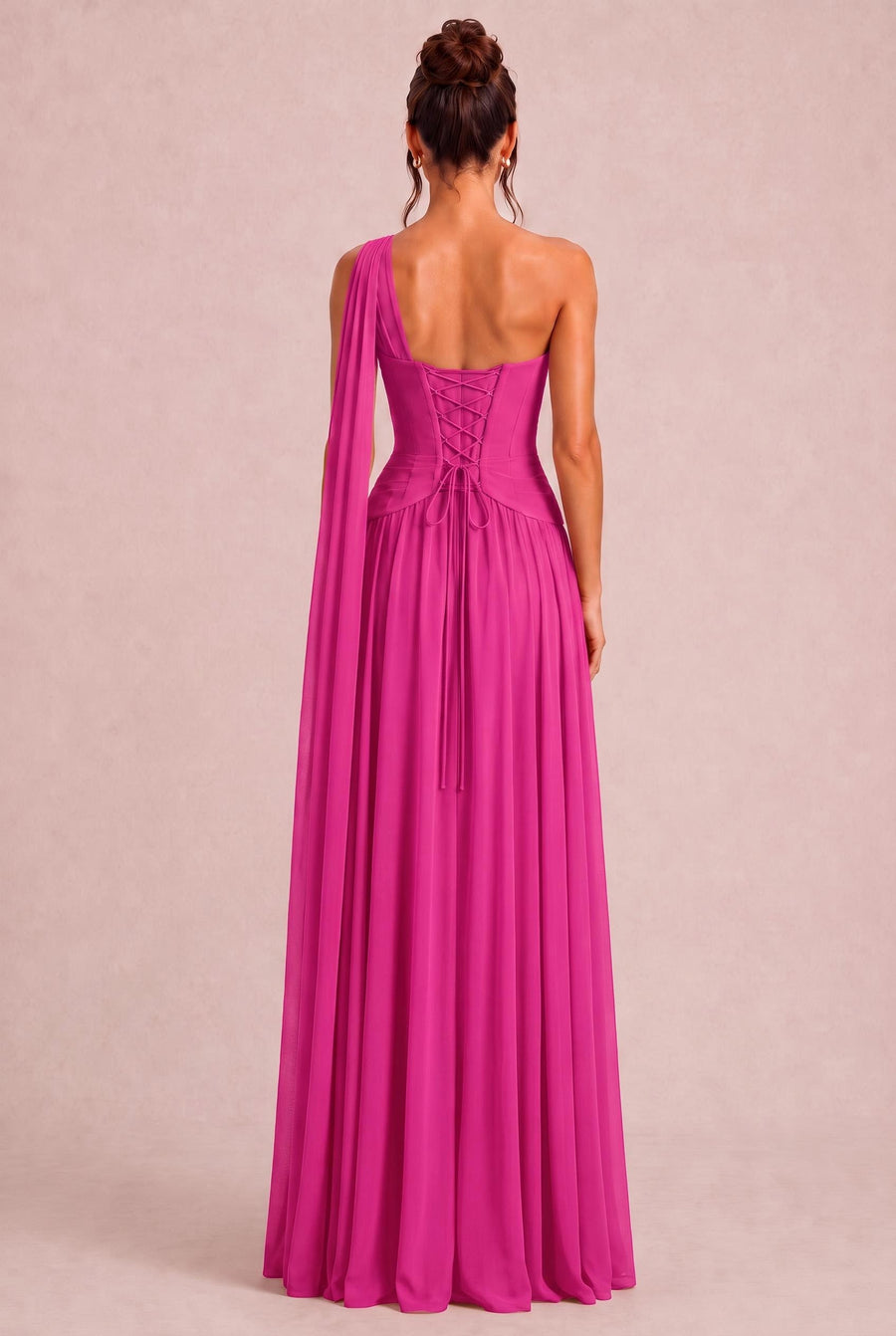 Rosana Fúcsia | Vestido de dama de honor evasê em chiffon com detalhe drapeado
