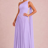Rosana Lavanda | Vestido de dama de honor evasê em chiffon com detalhe drapeado