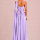 Rosana Lavanda | Vestido de dama de honor evasê em chiffon com detalhe drapeado
