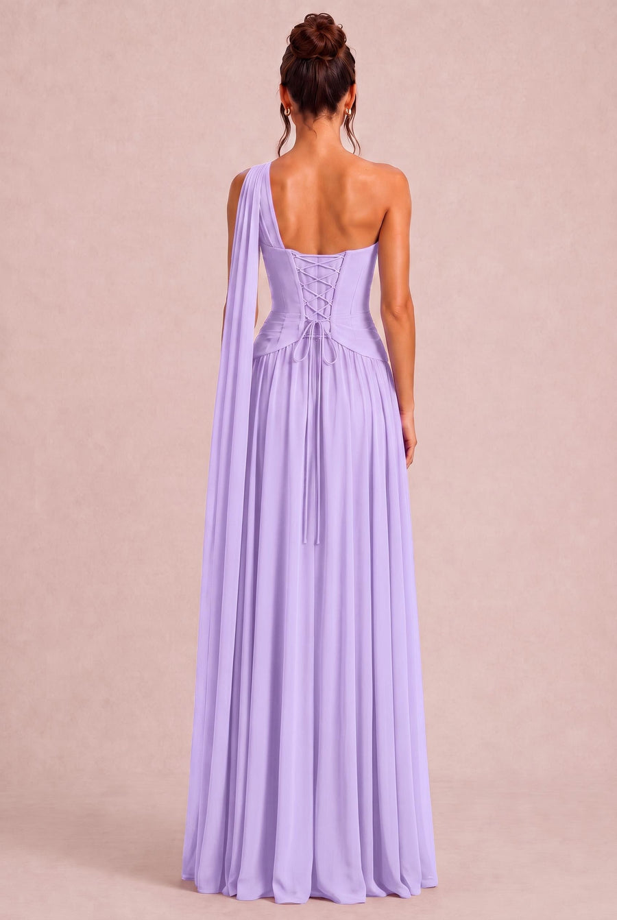 Rosana Lavanda | Vestido de dama de honor evasê em chiffon com detalhe drapeado