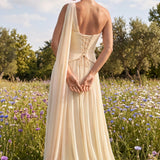 Rosana Eucalipto | Vestido de dama de honor evasê em chiffon com detalhe drapeado