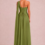 Rosana Verde Azeitona | Vestido de dama de honor evasê em chiffon com detalhe drapeado