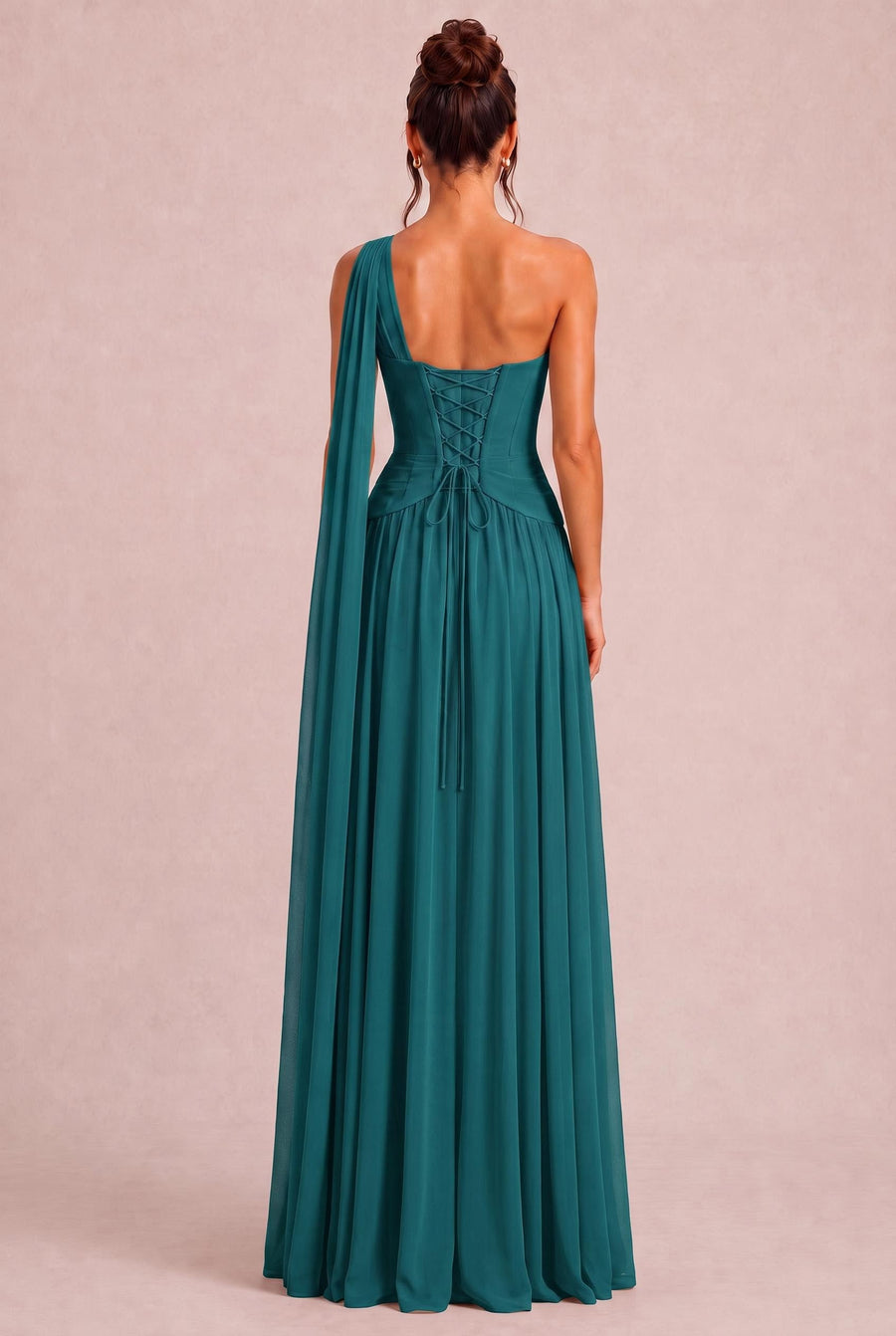 Rosana Azul Pavão | Vestido de dama de honor evasê em chiffon com detalhe drapeado