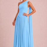 Rosana Azul Pó | Vestido de dama de honor evasê em chiffon com detalhe drapeado
