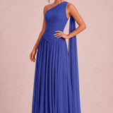 Rosana Azul Rei | Vestido de dama de honor evasê em chiffon com detalhe drapeado