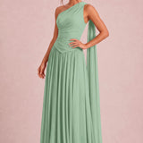 Rosana Verde Salva | Vestido de dama de honor evasê em chiffon com detalhe drapeado