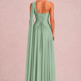 Rosana Verde Salva | Vestido de dama de honor evasê em chiffon com detalhe drapeado