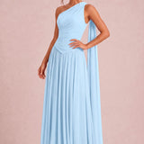 Rosana Azul Celeste | Vestido de dama de honor evasê em chiffon com detalhe drapeado