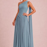 Rosana Azul Ardósia | Vestido de dama de honor evasê em chiffon com detalhe drapeado