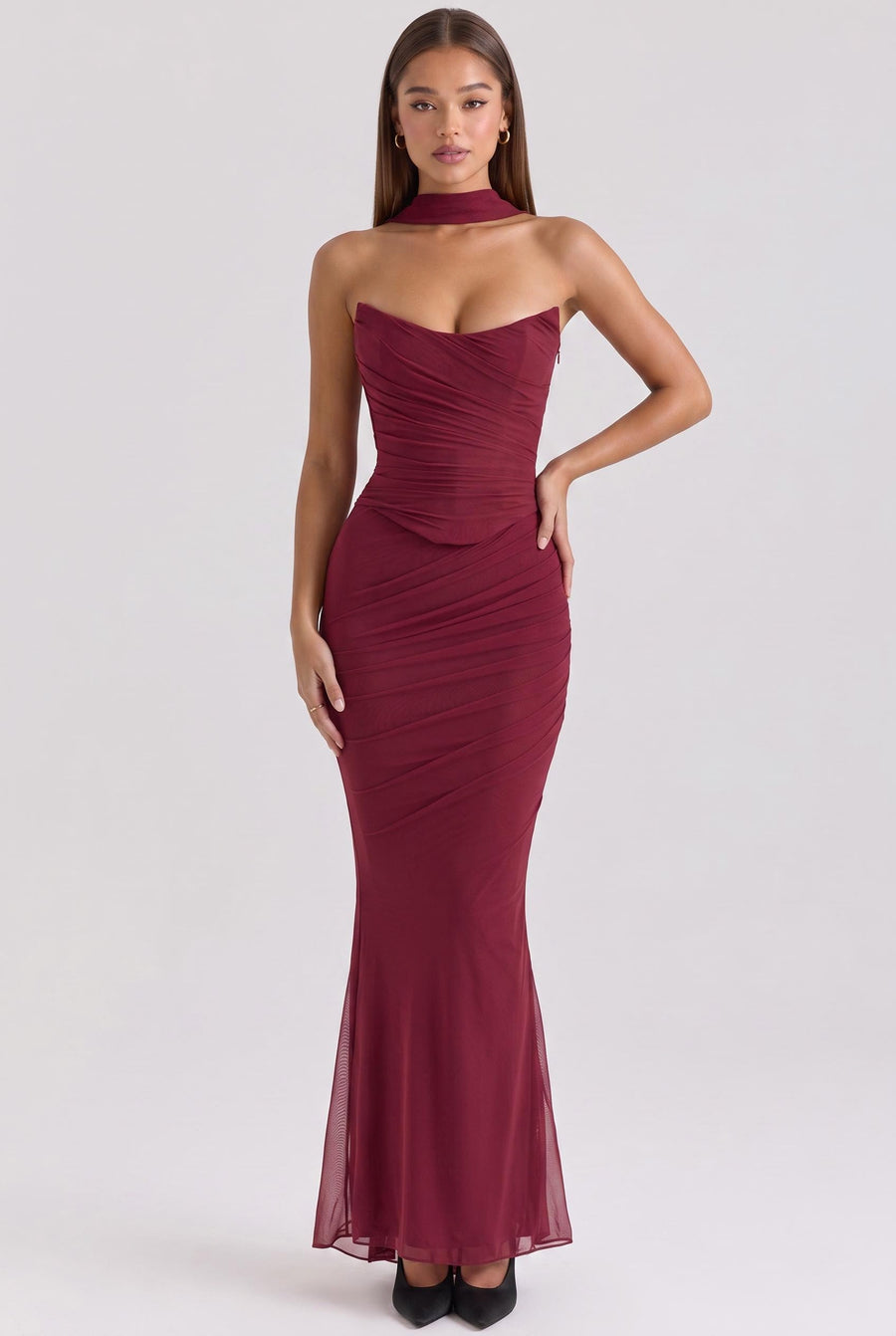 Rosaura Cabernet | Vestido de dama de honor rede elástica tubinho com detalhe drapeado