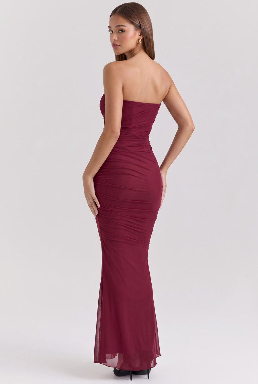 Rosaura Cabernet | Vestido de dama de honor rede elástica tubinho com detalhe drapeado