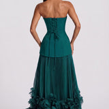 Salomé Azul Pavão | Vestido comprido evasê em chiffon com estampado floral